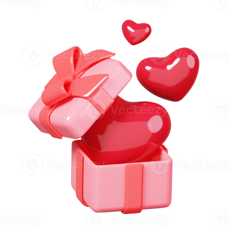 3d renderen roze cadeaus dozen. Open geschenk doos vol van rood hart geïsoleerd. 14 februari gelukkig Valentijnsdag dag icoon. png