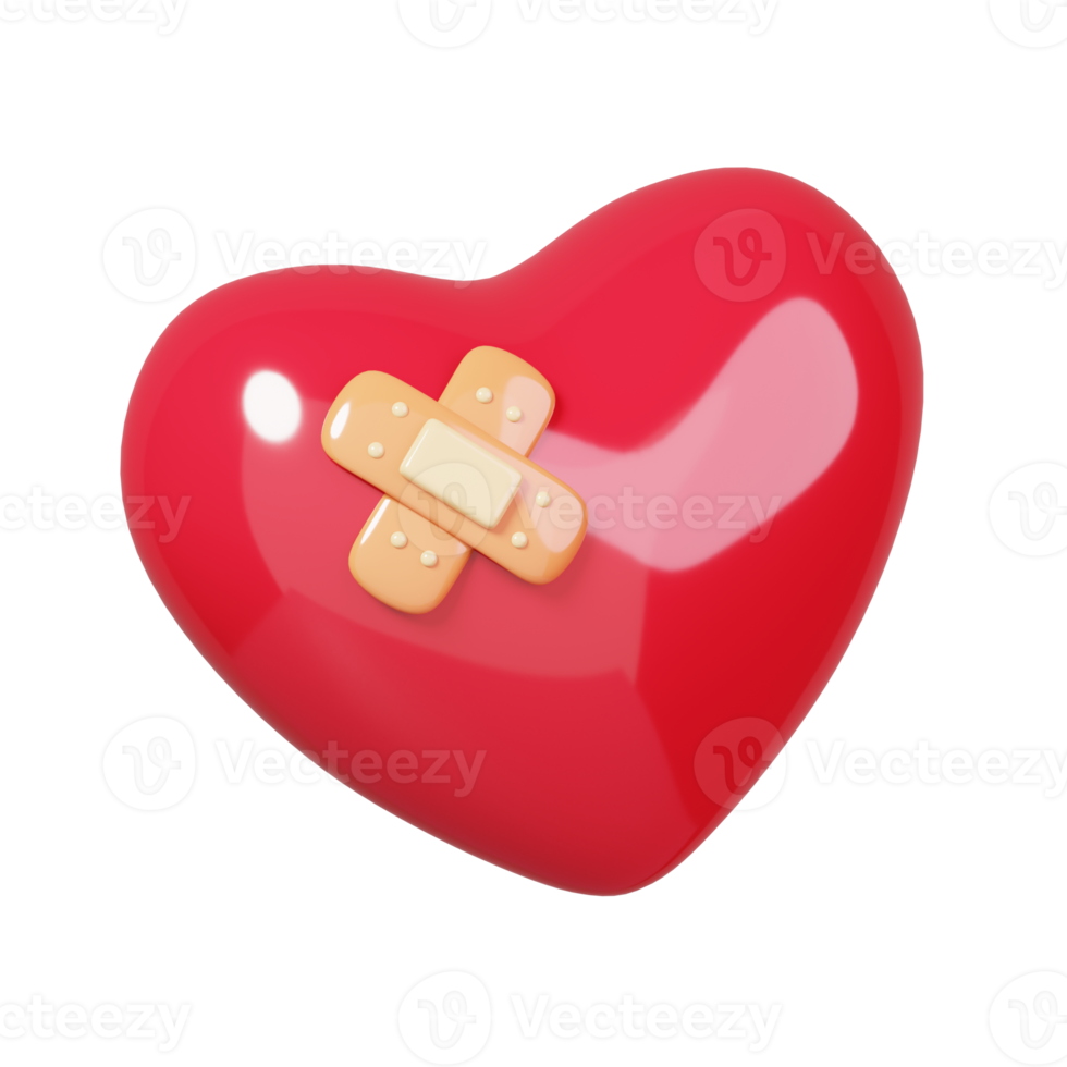 rotes Herz mit Heftpflaster isoliert. 14. februar Happy Valentinstag Symbol. 3D-Rendering png