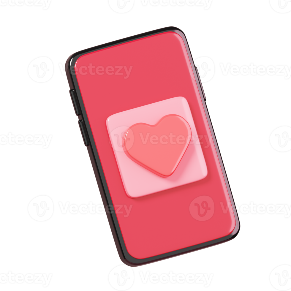 3D rendering Phone and push heart love notifications isolated. 14 February Happy valentine's day icon. png