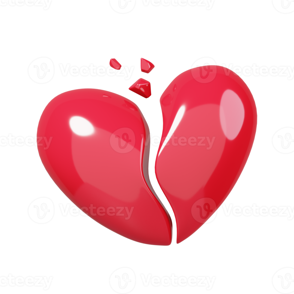 Red broken heart isolated. 14 February Happy Valentine's Day icon. 3D rendering png