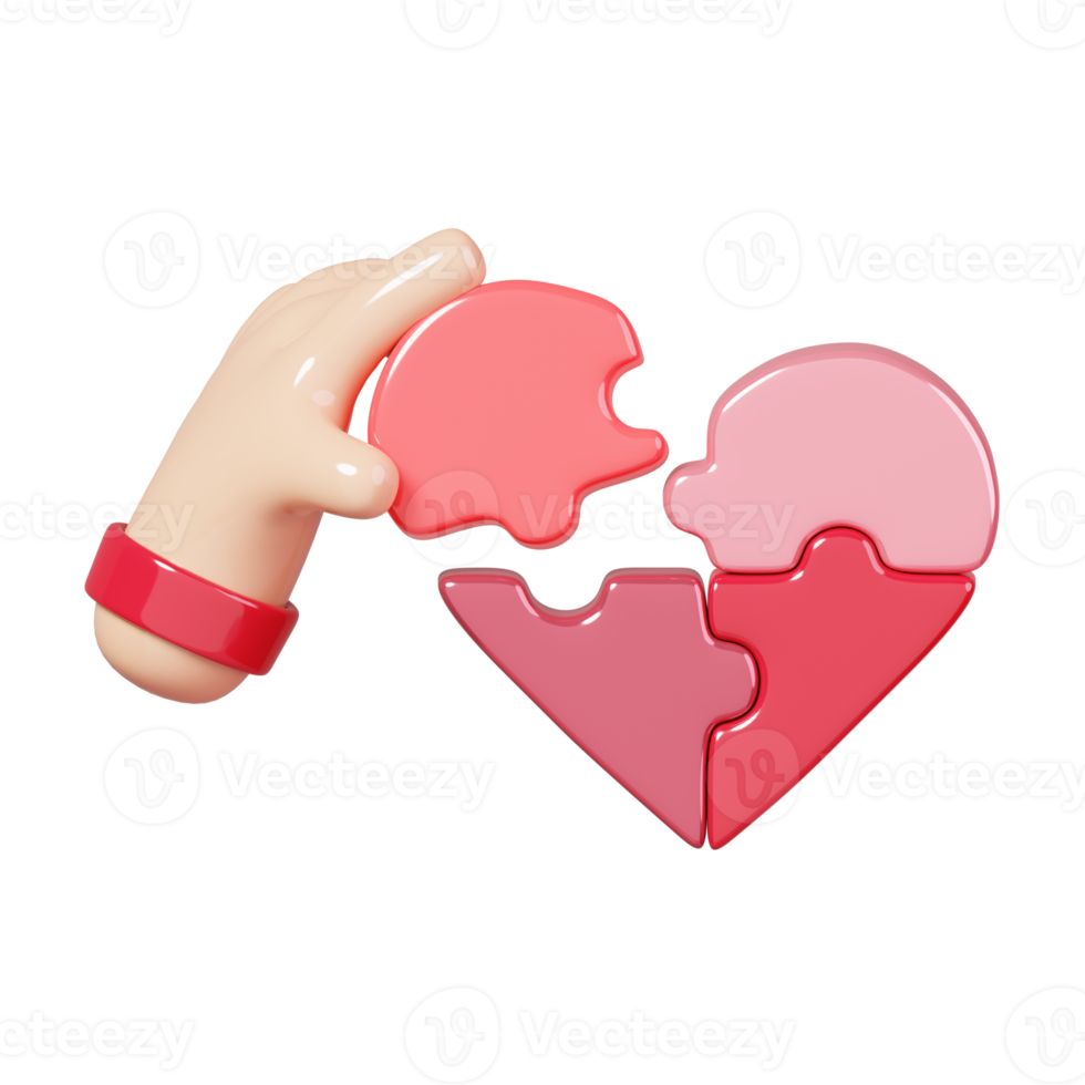 Cartoon hand holding jigsaw puzzle heart shape isolated. 14 February Happy Valentine's Day icon. 3D rendering png