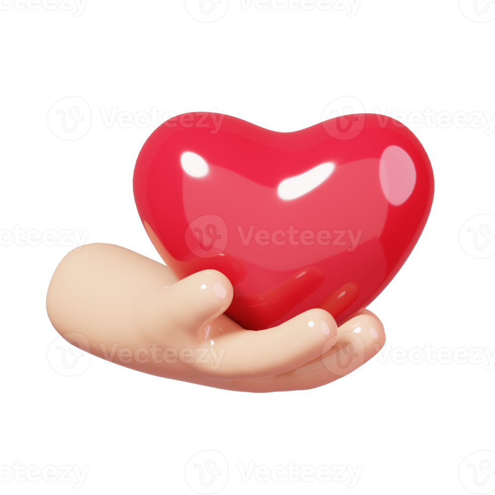 Cartoon red heart in hand isolated. 14 February Happy Valentine's Day icon. 3D rendering png