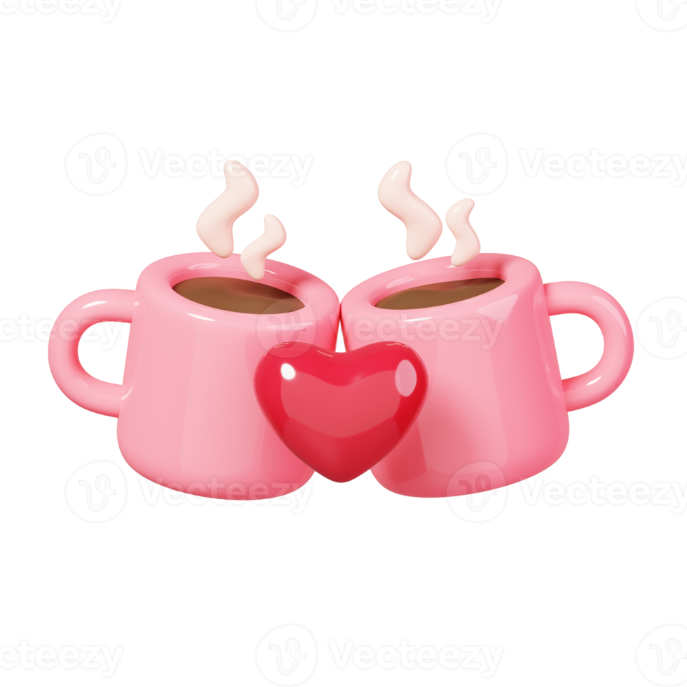 Two mugs of coffee with a heart in the middle isolated. 14 February Happy Valentine's Day icon. 3D rendering png