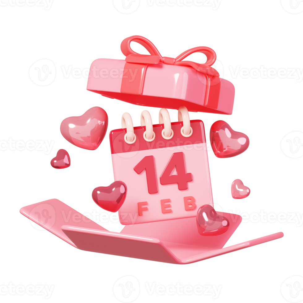 3D rendering pink open gift box with 14 feb calendar and heart shape isolated. 14 February Happy Valentine's Day icon. png