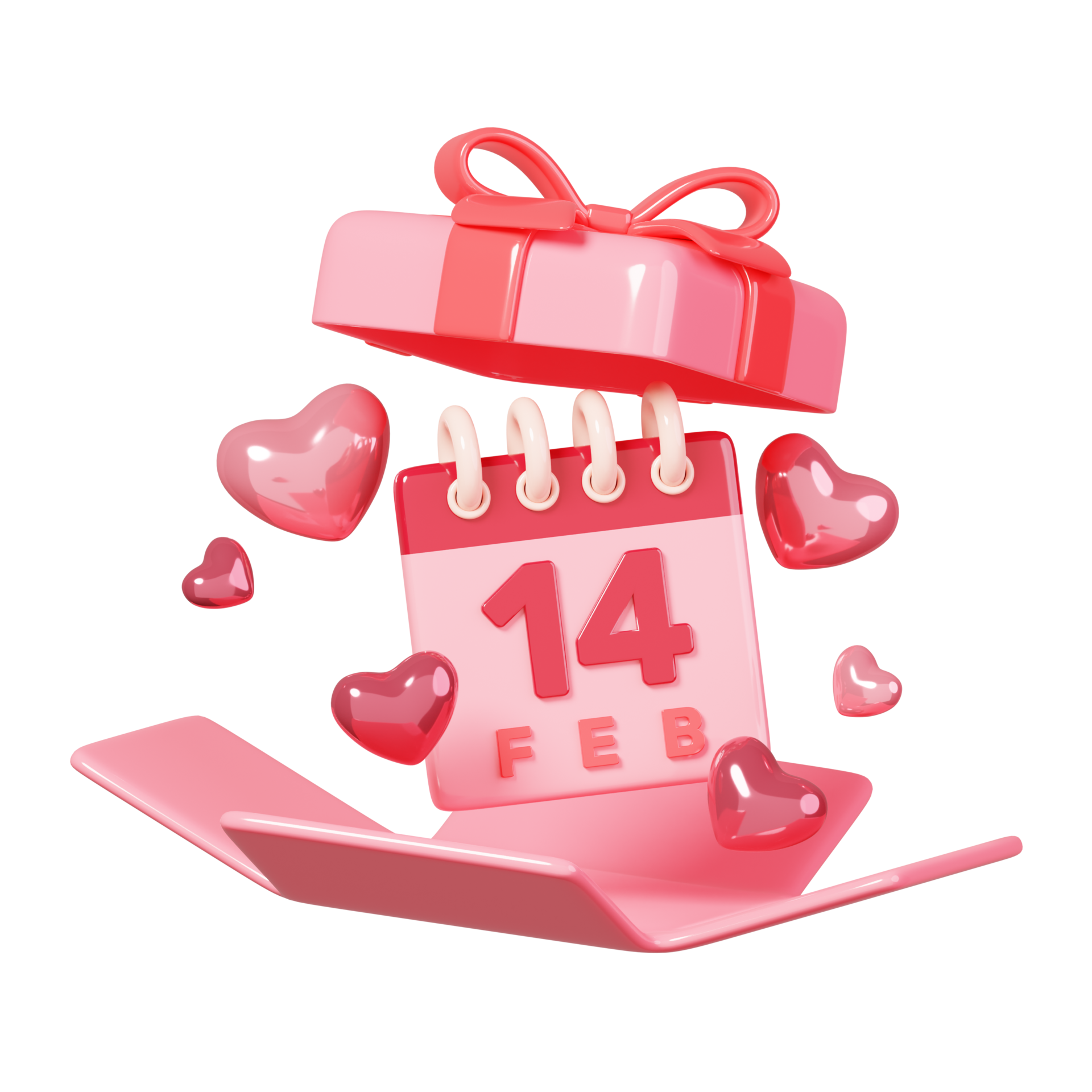 3D rendering pink open gift box with 14 feb calendar and heart shape isolated. 14 February Happy