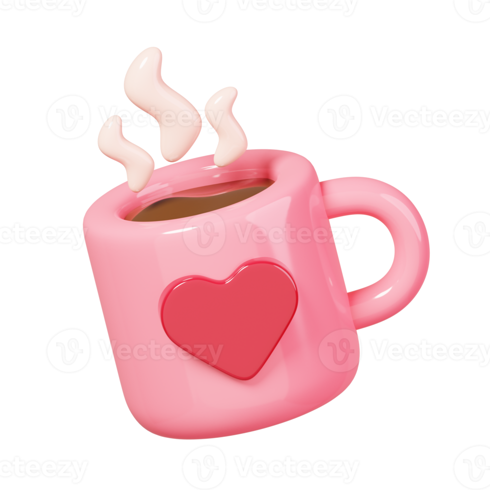 Coffee with heart mug isolated. 14 February Happy Valentine's Day icon. 3D rendering png