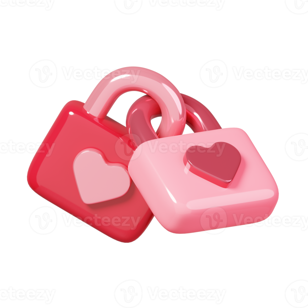 Two locked together padlocks with heart isolated. 14 February Happy Valentine's Day icon. 3D rendering png