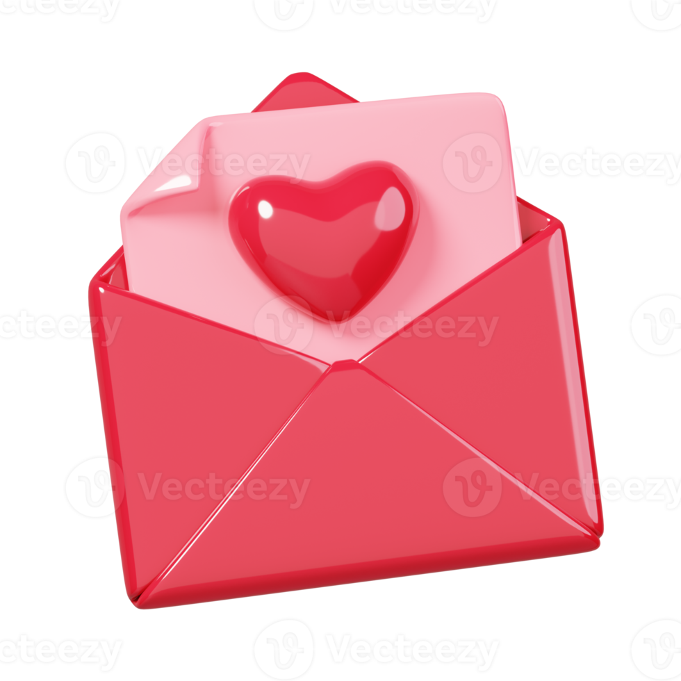 In the red envelope is a card with a heart isolated. 14 February Happy Valentine's Day icon. 3D rendering png