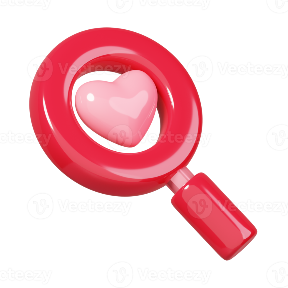 Search heart and love icon, Magnifying glass with heart inside isolated. 14 February Happy Valentine's Day icon. 3D rendering png