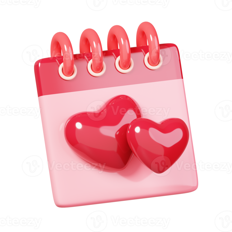 kalender met twee harten vorm geïsoleerd. 14 februari gelukkig Valentijnsdag dag icoon. 3d renderen png