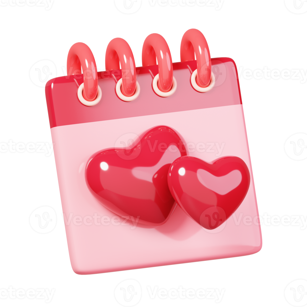 Calendar with two hearts shape isolated. 14 February Happy Valentine's Day icon. 3D rendering png