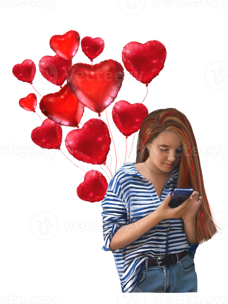 mujer con globos en forma de corazones responde un mensaje en un smartphone png