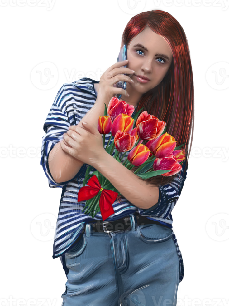 fille heureuse avec un bouquet de fleurs bavardant au téléphone png