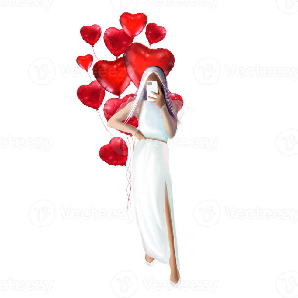 bride in wedding dress with hearts, woman in evening dress png