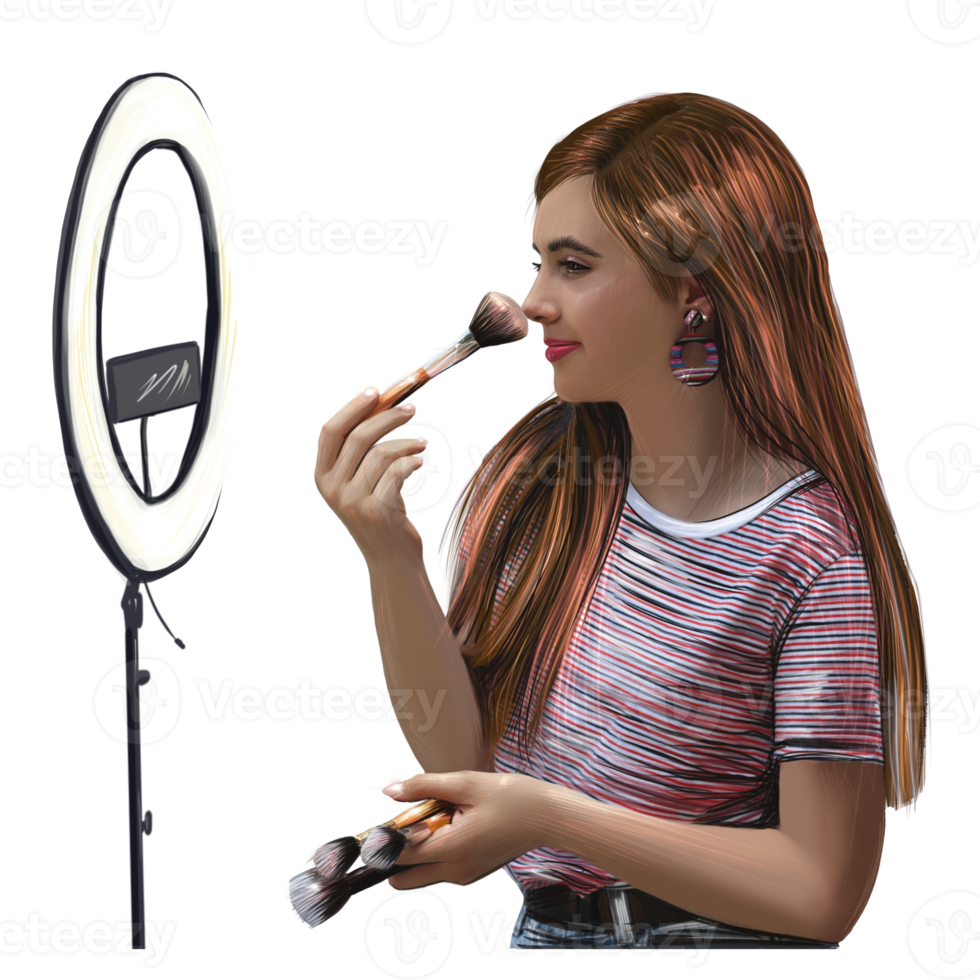 girl beauty blogger does make-up and records a video lesson, make-up training png