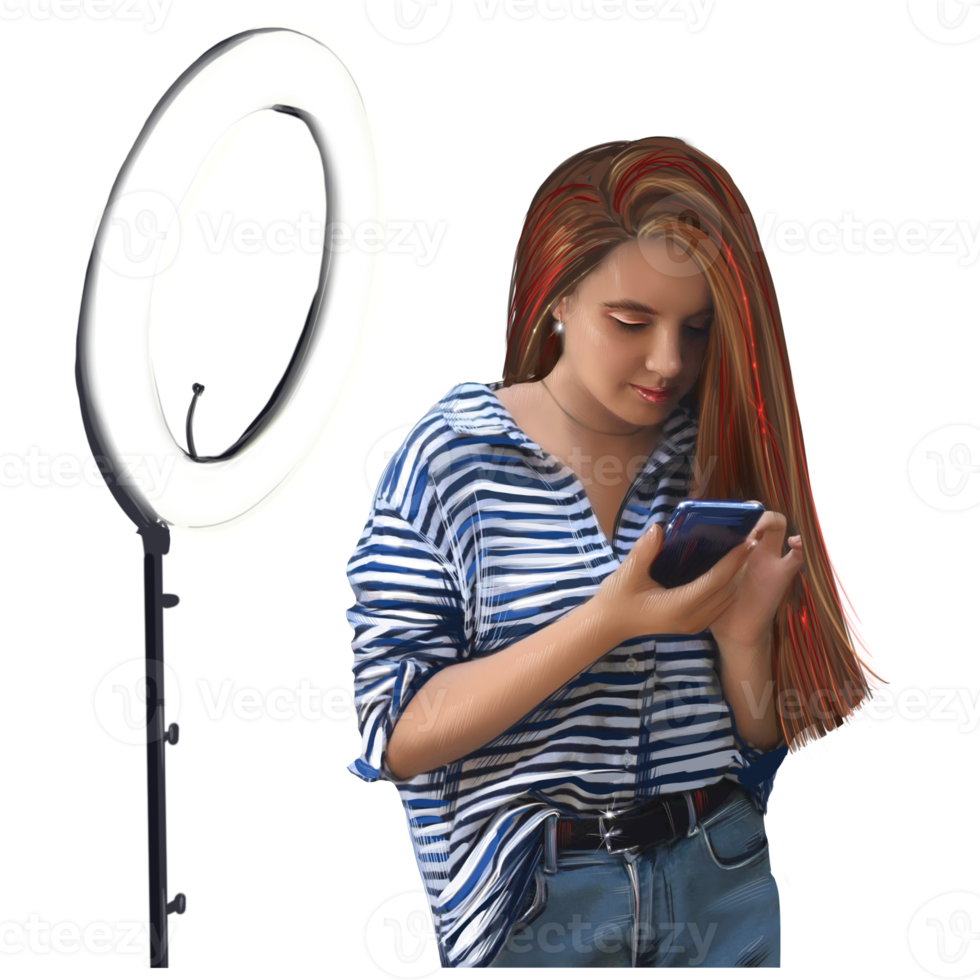 girl blogger makes a post in the social network on a smartphone png