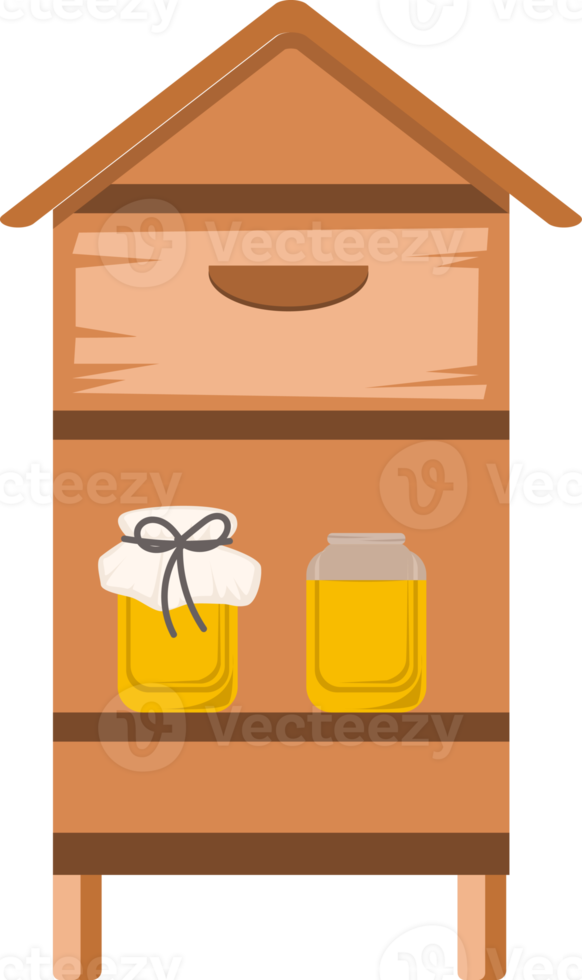 ilustración de colmena de madera con tarro de miel png