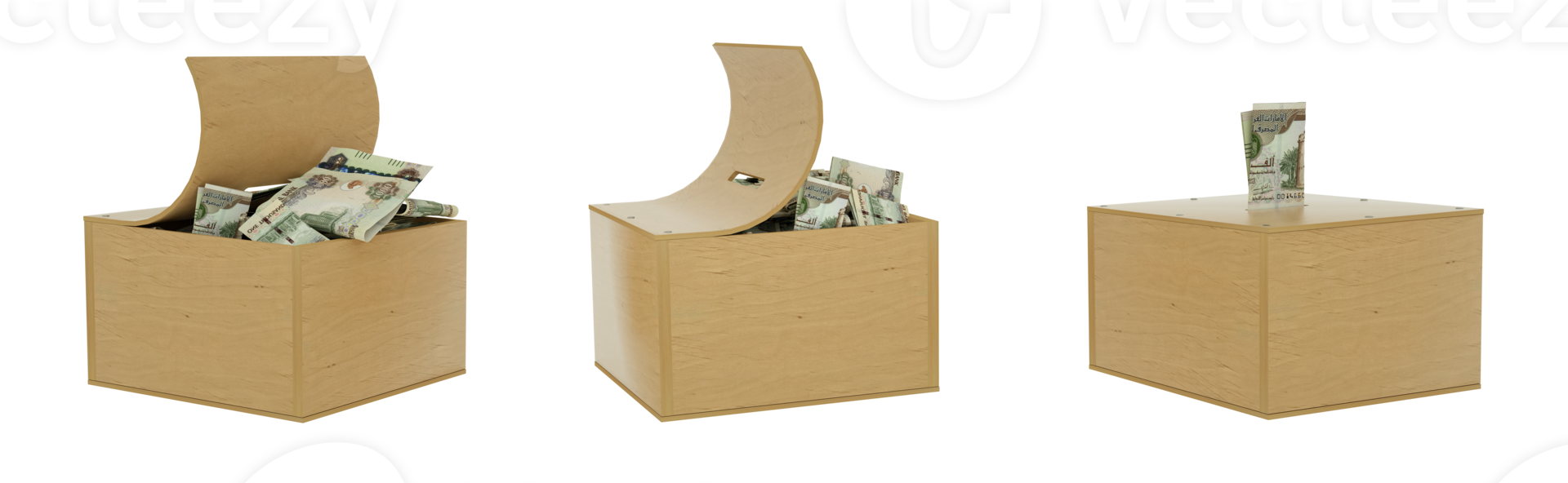 1000 United Arab Emirates dirham notes inside an open wooden savings box. set of savings concept. Generic Piggy Bank, Penny Bank, Money Box. 3d rendering png