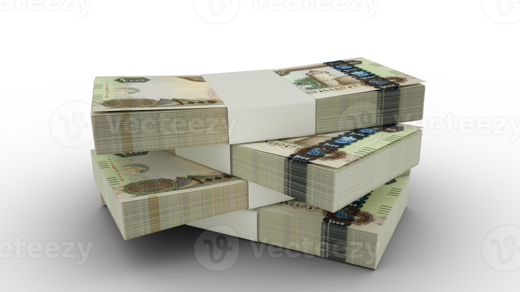 3d rendering of Stack of 1000 United Arab Emirates dirham notes. Few bundles of United Arab Emirates currency isolated on transparent background. Emirati png