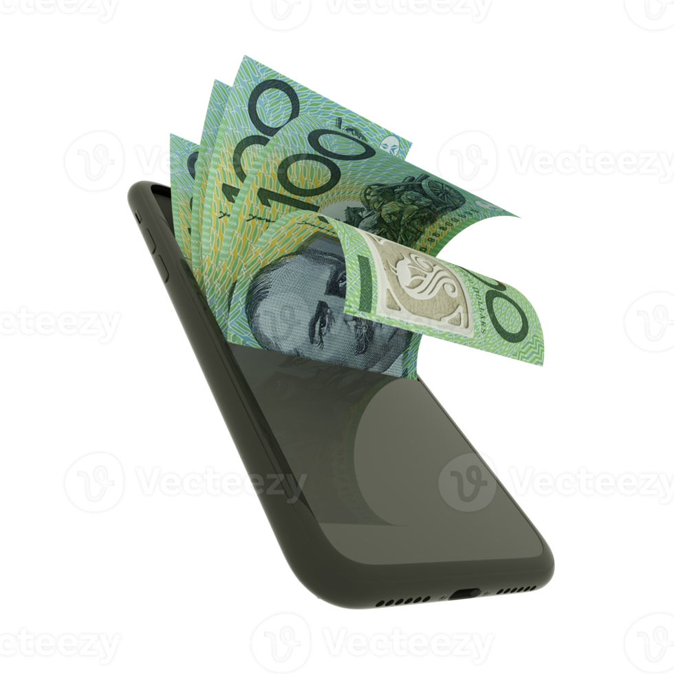 3D rendering of Australian dollar notes inside a mobile phone isolated on transparent background png