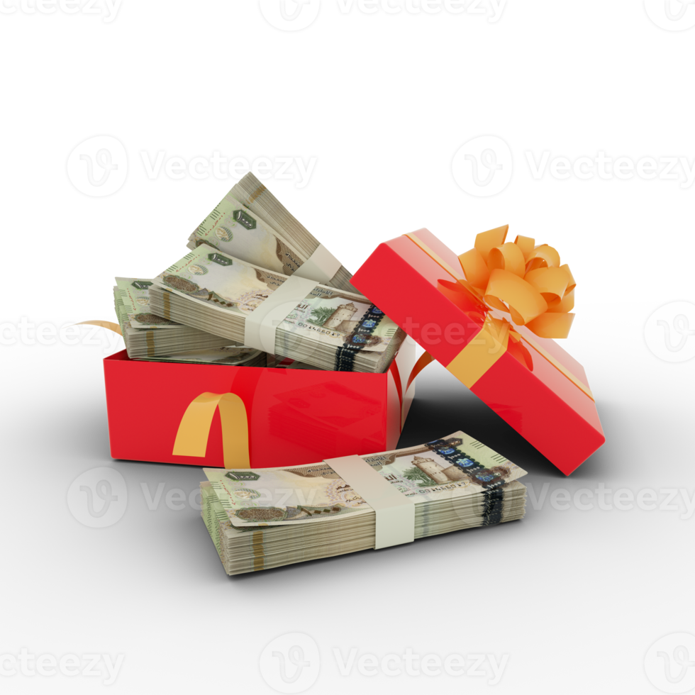 Stack of 1000 United Arab Emirates dirham notes inside an open red gift box. Bundles of Emeriti dirham inside a gift box. 3d rendering of money inside box isolated on transparent background png