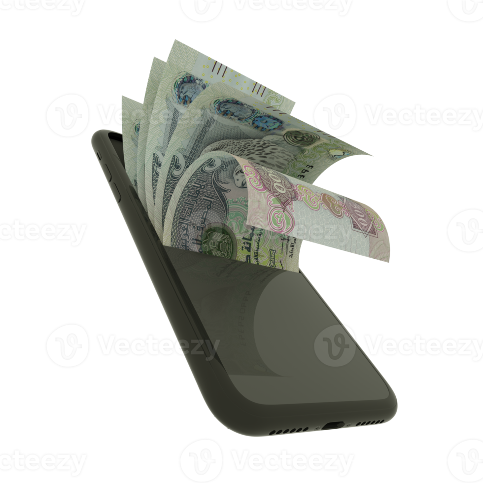 renderização 3D de notas de dirham dos Emirados Árabes Unidos dentro de um telefone celular isolado em fundo transparente. dirham dos emirados png