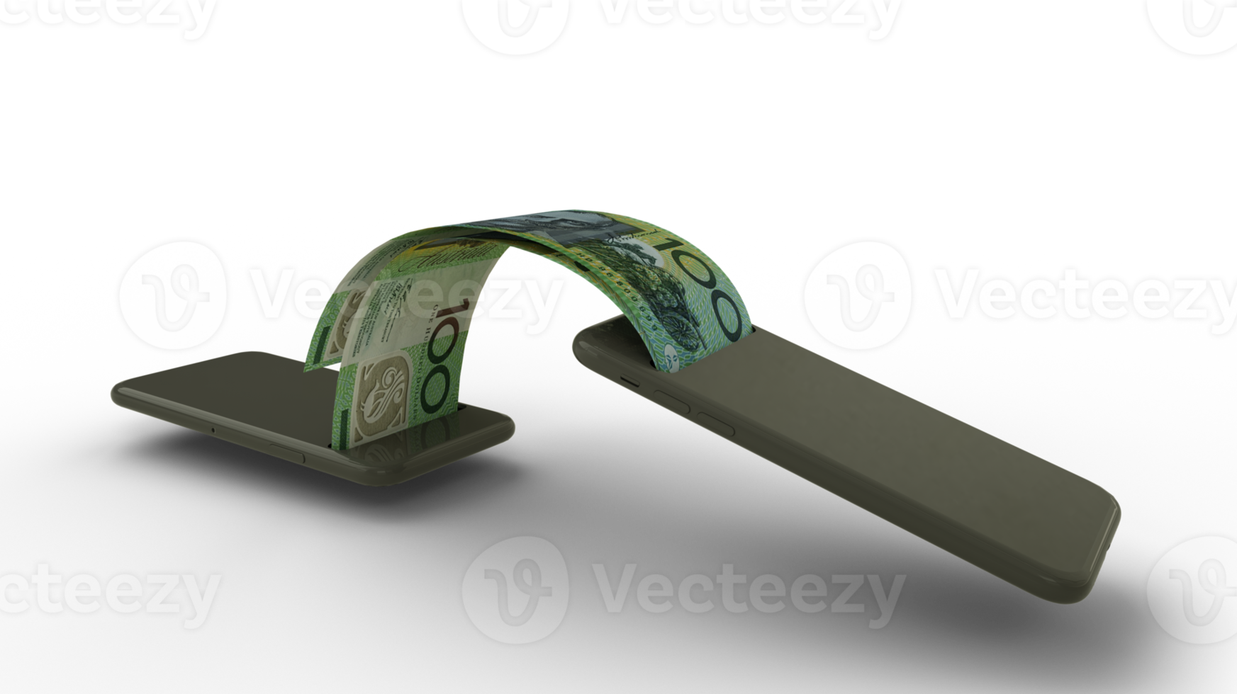 3D rendering of Australian dollar notes transferring from one phone to another. mobile money transaction concept png