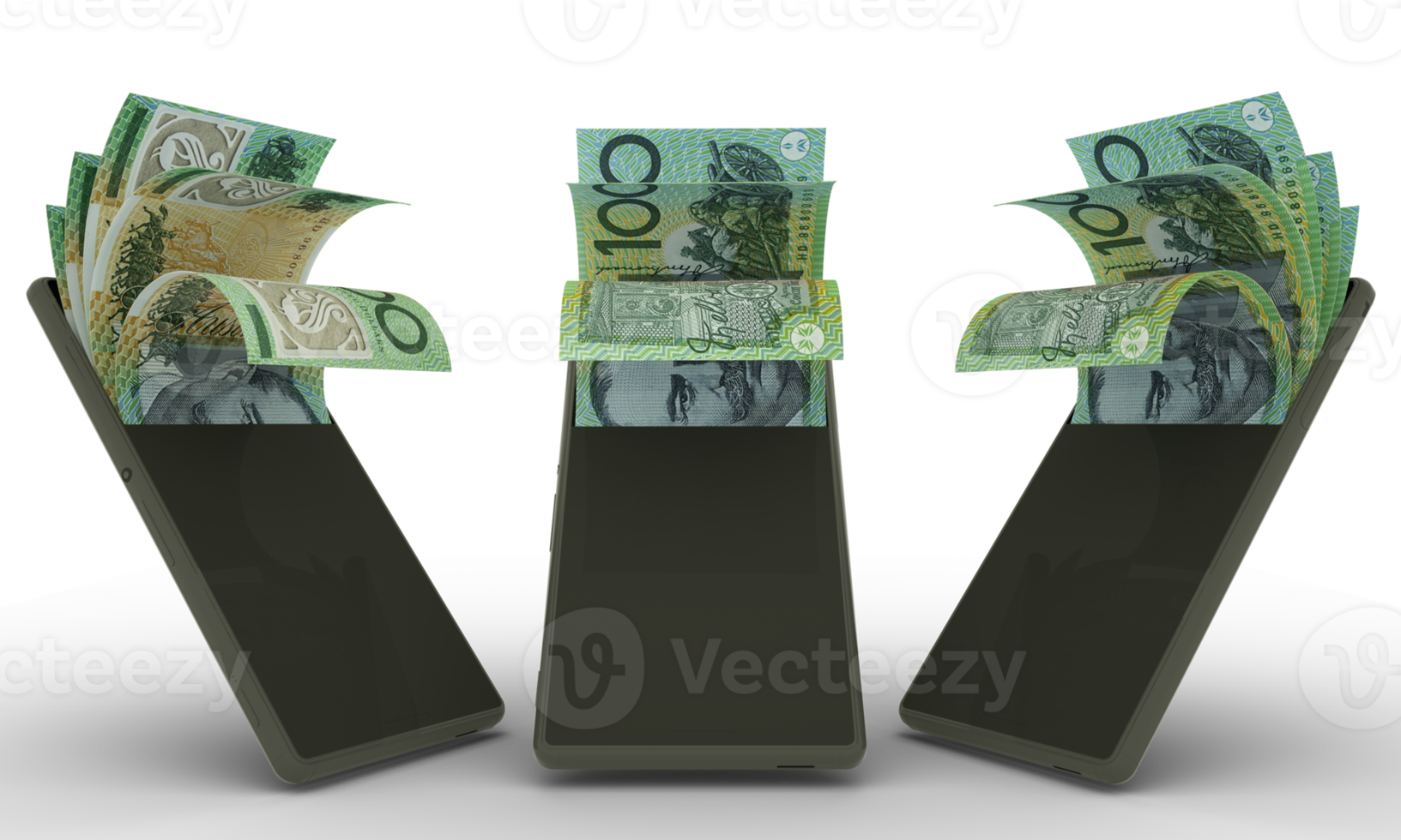 100 Australian dollar notes inside a mobile phone. money coming out of mobile phone. 3d rendering of set of mobile money transaction concept. money from Phone png