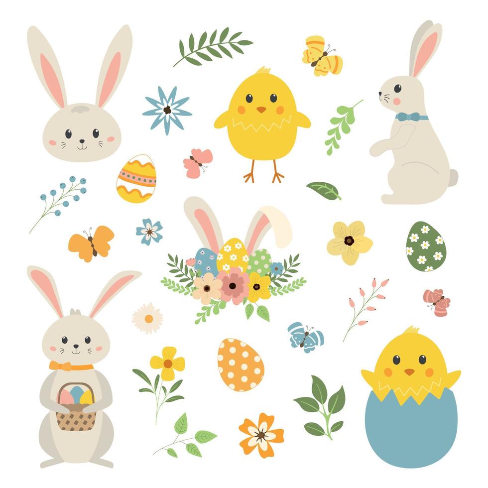 conjunto de conejitos de pascua de dibujos animados, pollos y flores. lindo conjunto de imágenes prediseñadas de decoración de conejito de pascua de primavera. diseño de dibujos animados de vector plano. aislado sobre fondo blanco.