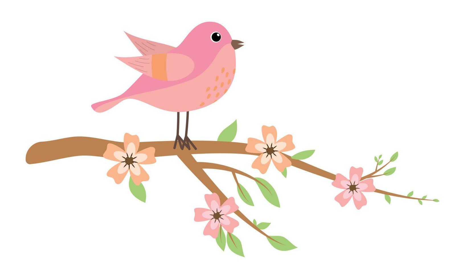 Cartoon pink spring bird sitting on a branch with foliage and flowers. Isolated on white background. vector