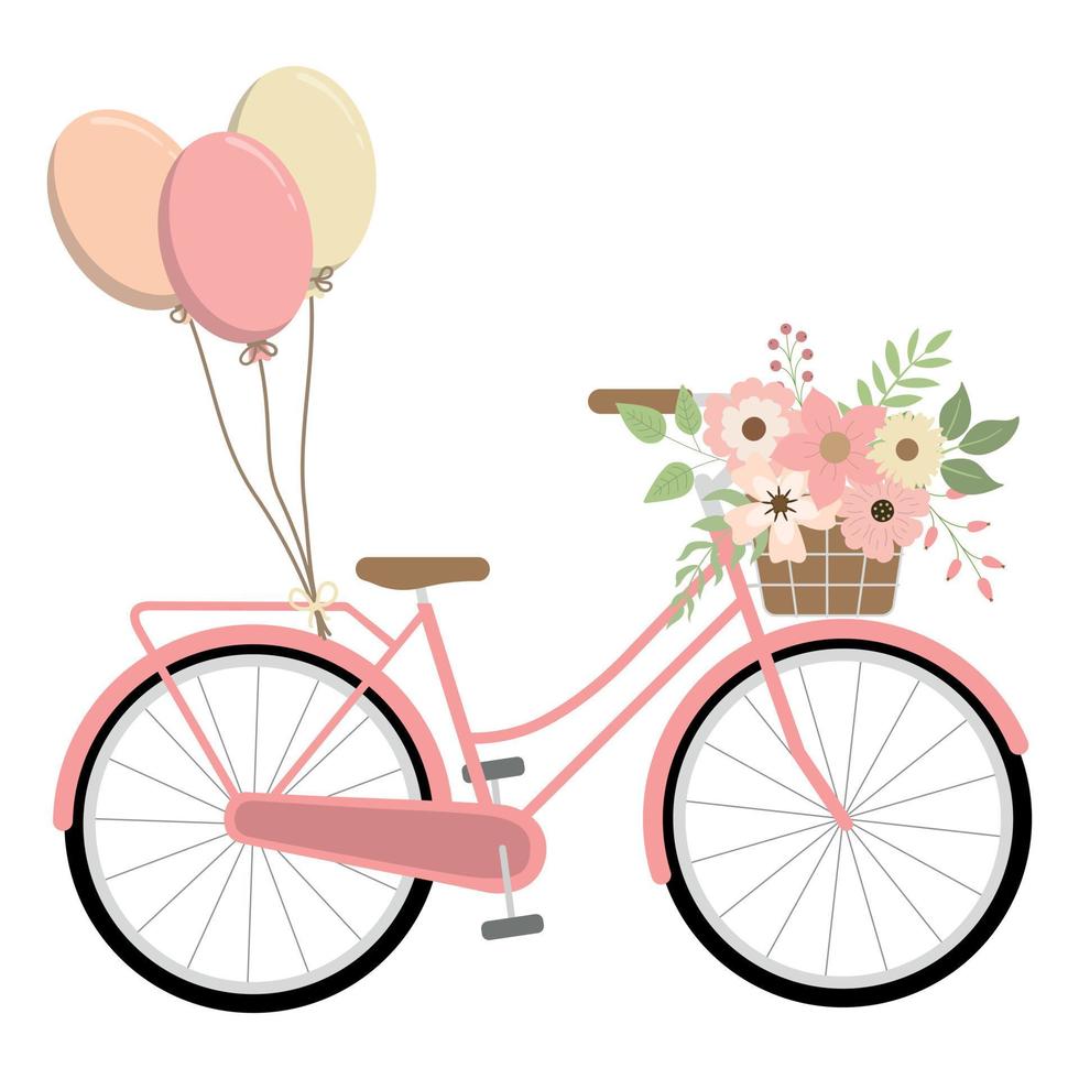 romántica bicicleta rosa floral de primavera con globos de colores. aislado sobre fondo blanco. bicicleta retro de primavera. ilustración vectorial vector