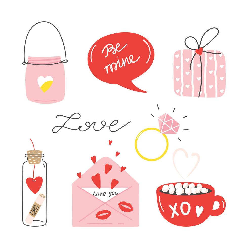 Set of elements for st. Valentines day in cartoon style on white background. Gift, lantern, letter, cup, ring, speech bubble vector