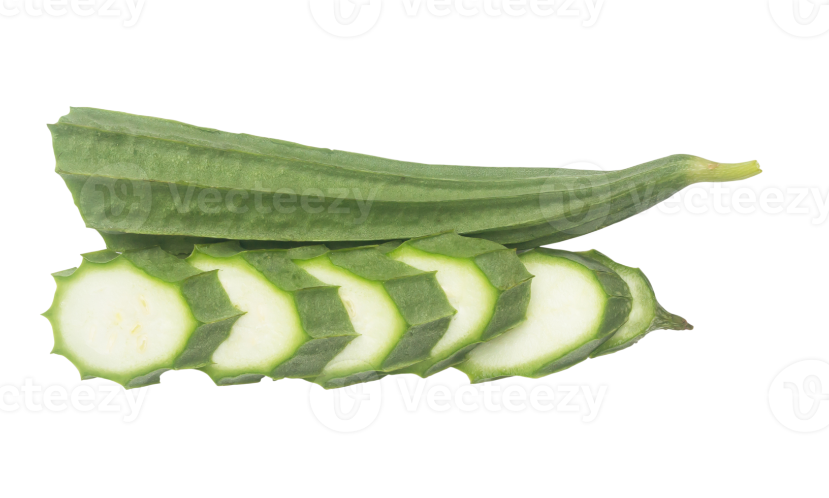 fresh green sponge gourd fruit with slices isolated on white background with clipping path in png file format, Concept of healthy eating