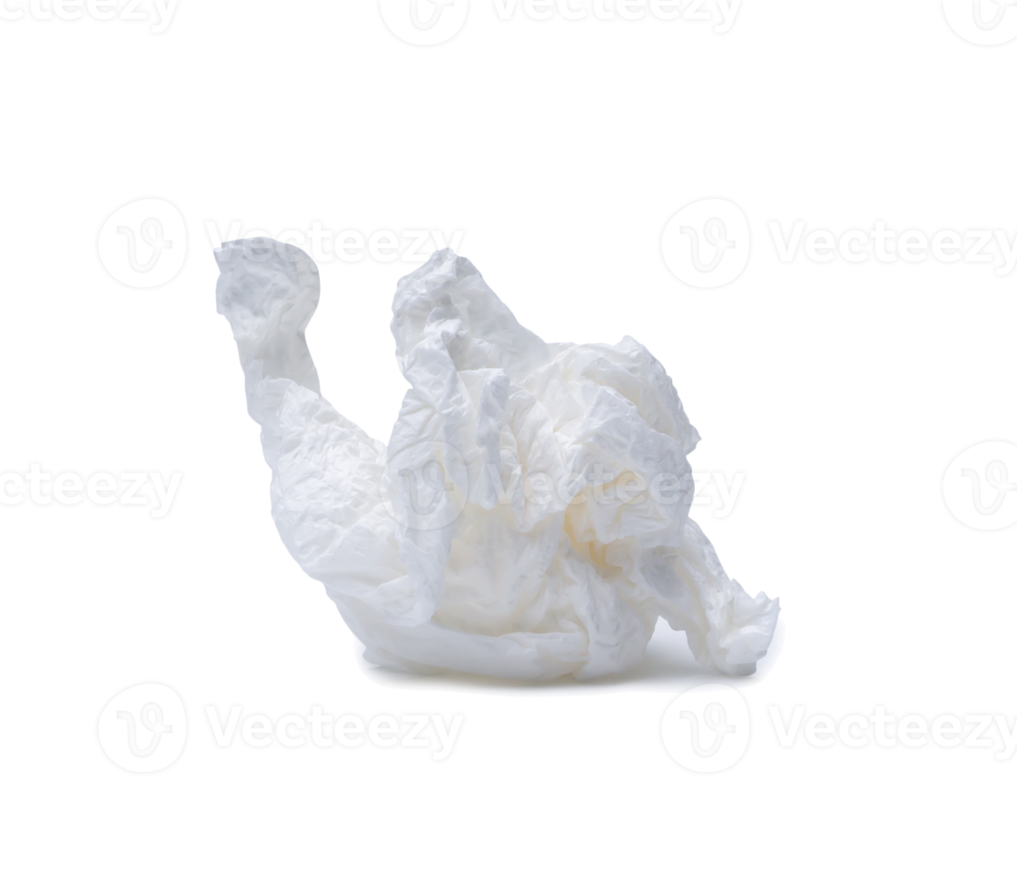 Single white screwed or crumpled tissue paper or napkin in strange shape after use in toilet or restroom isolated on white background with clipping path in png file format with shadow