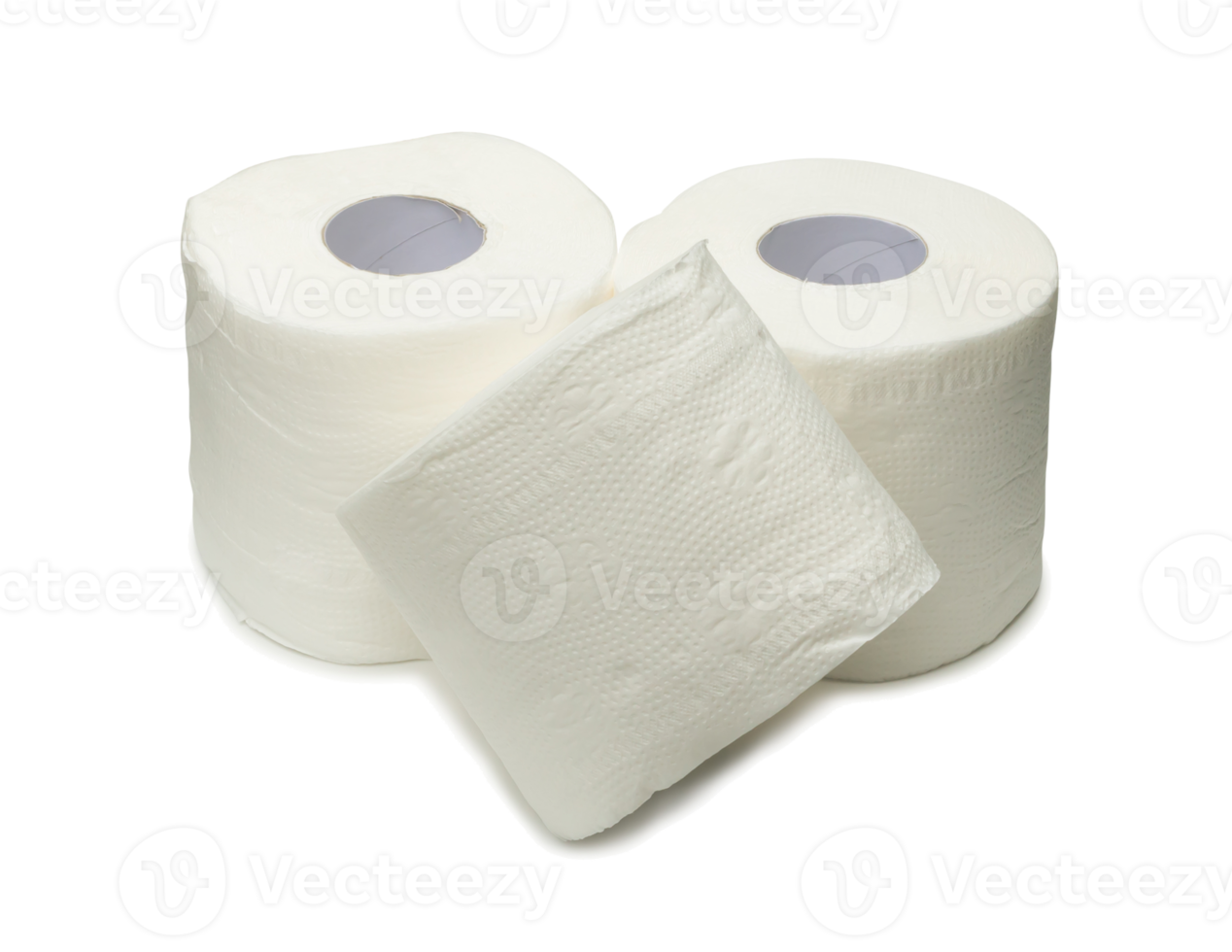 three rolls of white tissue paper or napkin prepared for use in toilet or restroom isolated on white background with clipping path in png file format with shadow