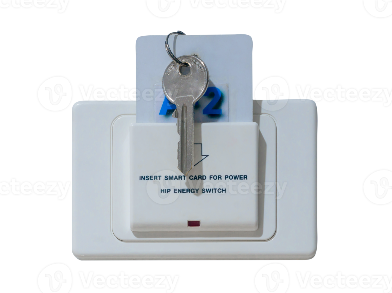 Smart card with key inserted into white socket with text reading Insert smart card for power installed on white wall in luxurious hotel or resort room isolated on white background in png file format
