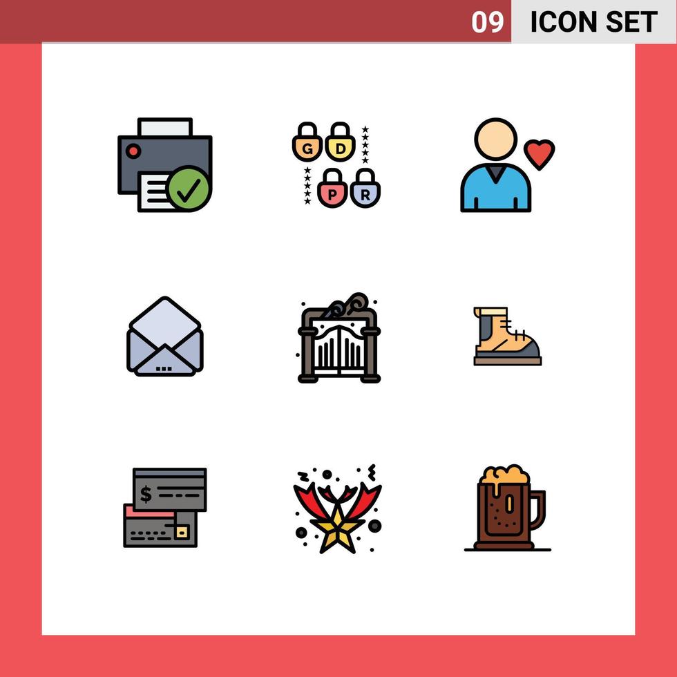 9 paquete de color plano de línea de relleno de interfaz de usuario de signos y símbolos modernos de elementos de diseño de vector editables de correo de puerta de parque favorito de botas