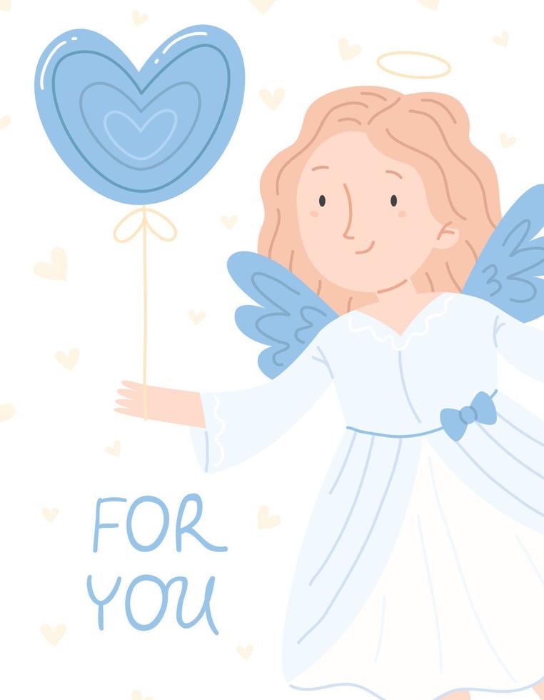 Design concept of a Valentine's day greeting card with a cute angel girl with a balloon heart and the inscription for you. Vector blue vertical illustration.