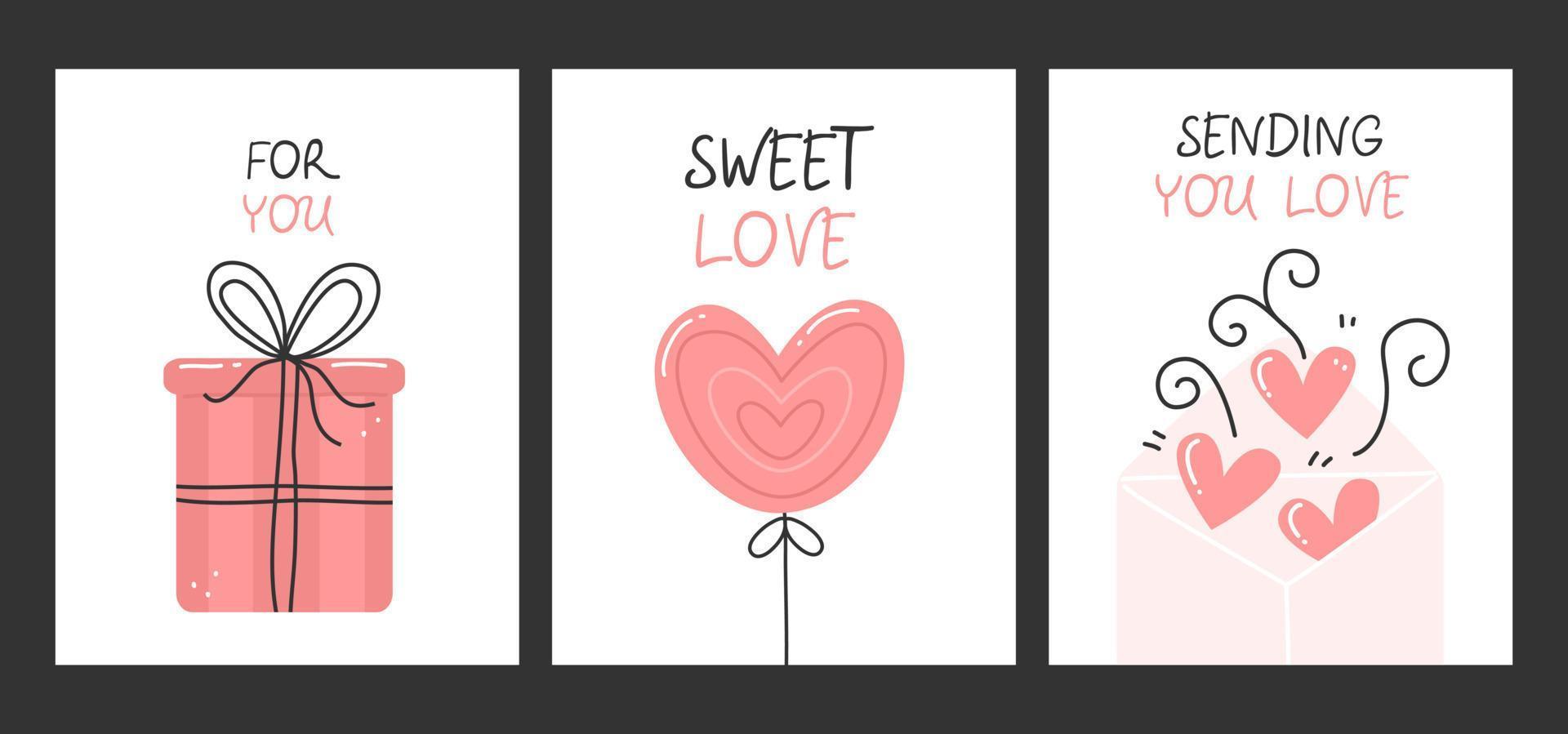 A set of three vertical cute Valentine's Day cards. Design concept of pink greeting cards with a gift, a love letter and a balloon. Vector love illustration.