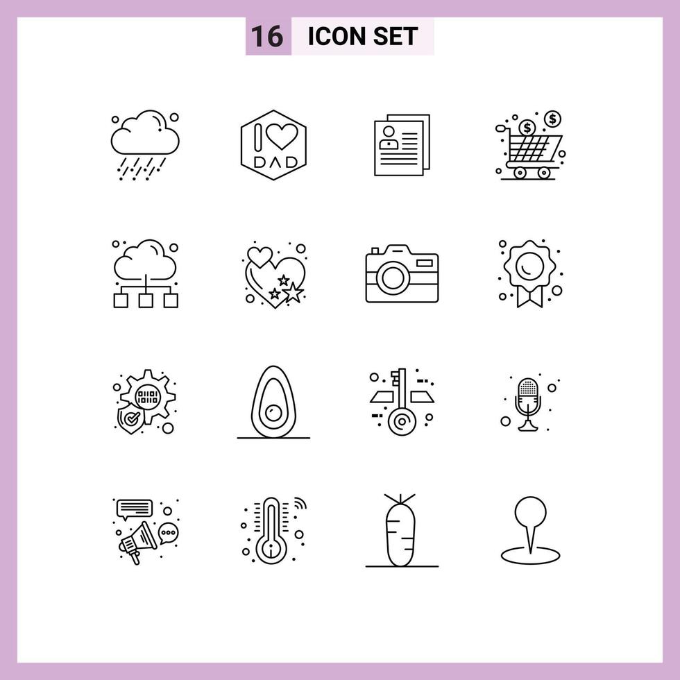 Pack of 16 Modern Outlines Signs and Symbols for Web Print Media such as shopping full about cart personal Editable Vector Design Elements