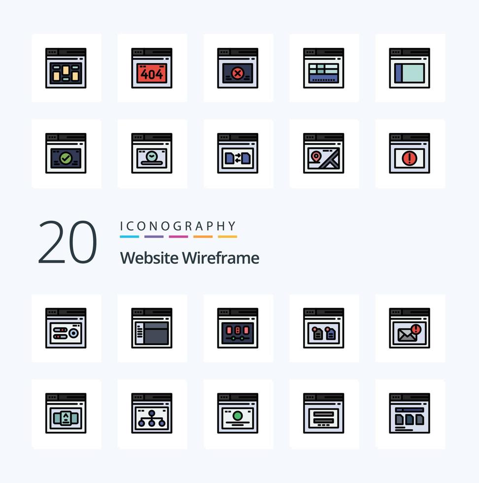 Paquete de iconos de color relleno de línea de estructura alámbrica de 20 sitios web como navegador documento navegador navegador página web vector