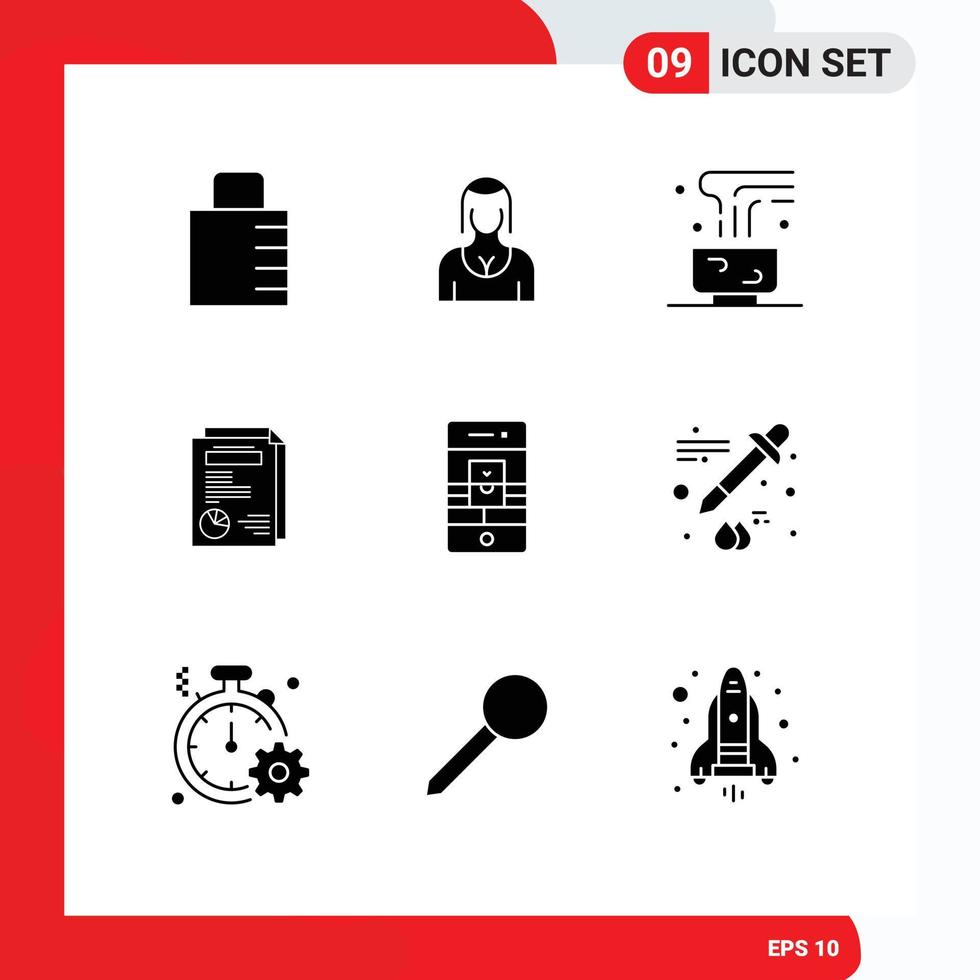 Editable Vector Line Pack of 9 Simple Solid Glyphs of presentation layout lady page hot drink Editable Vector Design Elements