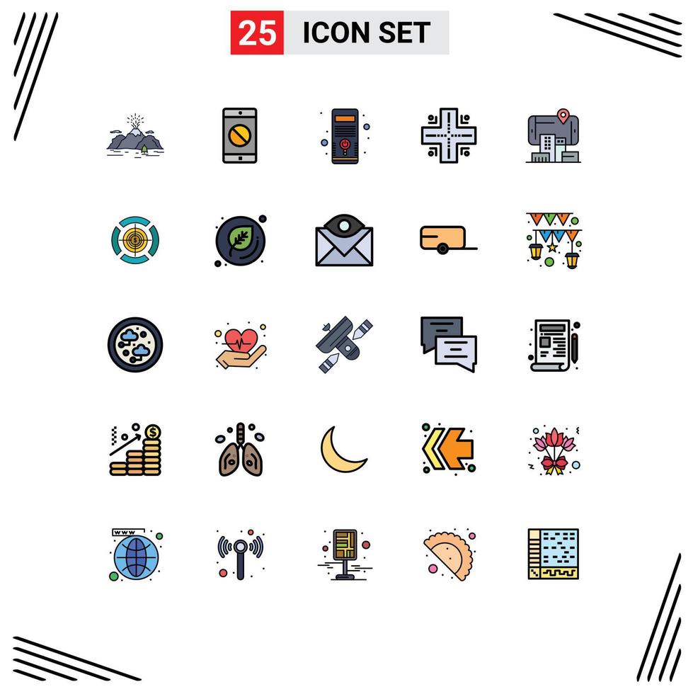 Group of 25 Modern Filled line Flat Colors Set for technology reality computer technology map Editable Vector Design Elements