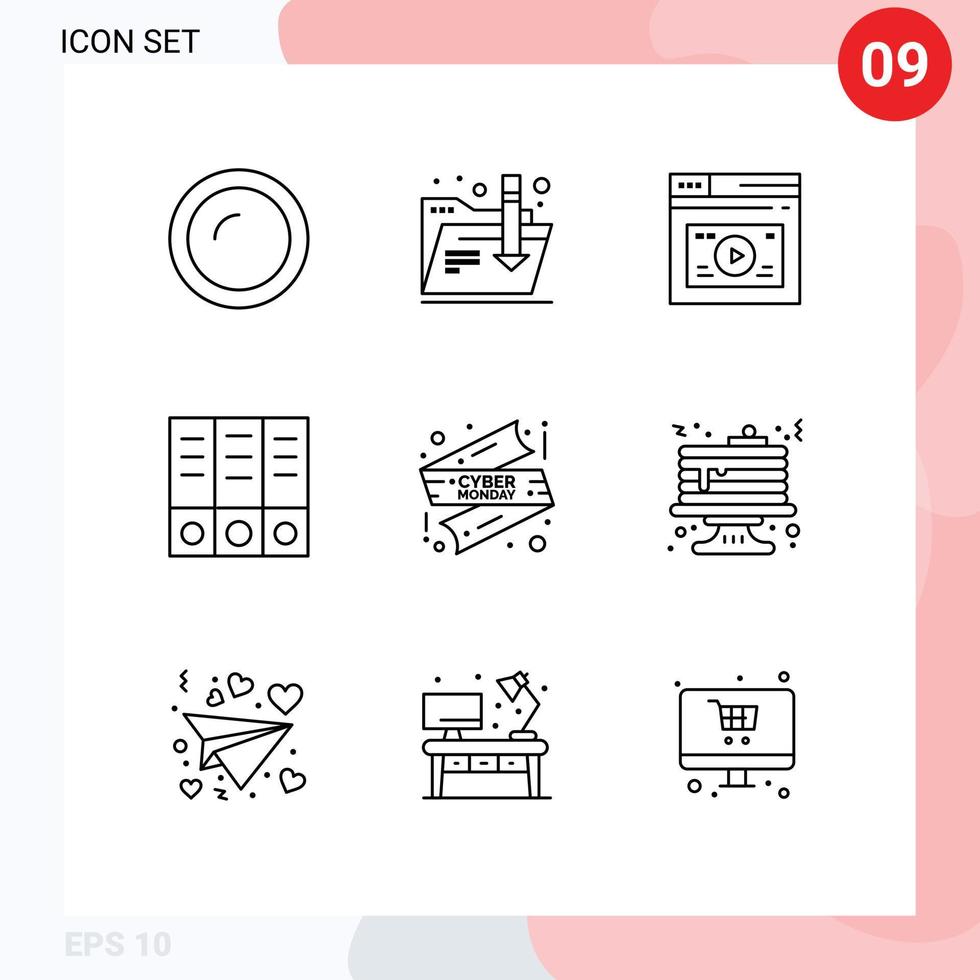 Mobile Interface Outline Set of 9 Pictograms of sale documents internet binder media Editable Vector Design Elements