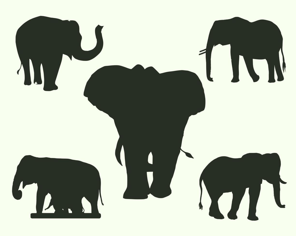 conjunto de 5 siluetas de elefantes vector
