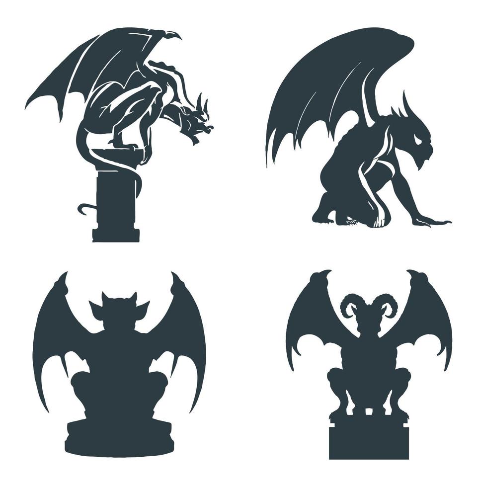 Set of 4 silhouettes of gargoyles vector