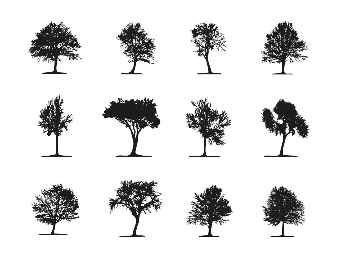 conjunto de 12 siluetas de árboles de hoja caduca vector