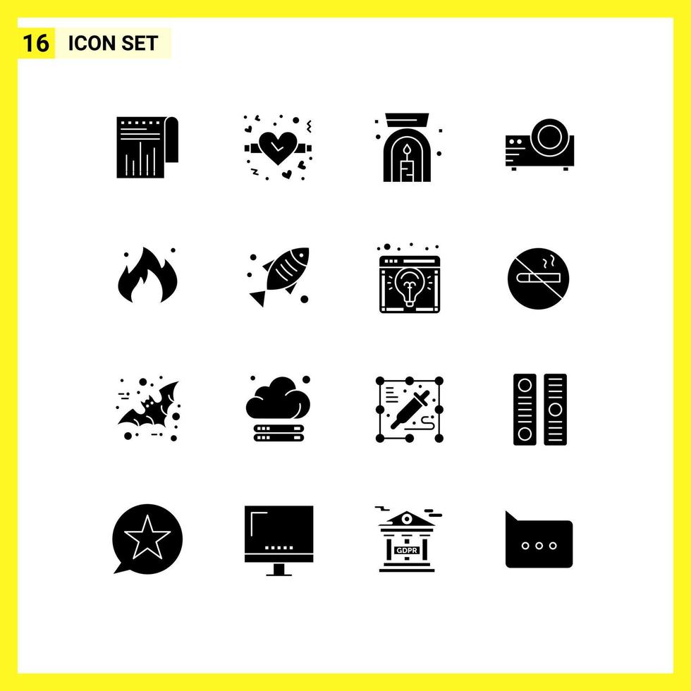 Modern Set of 16 Solid Glyphs and symbols such as construction industry lamp fire movie Editable Vector Design Elements