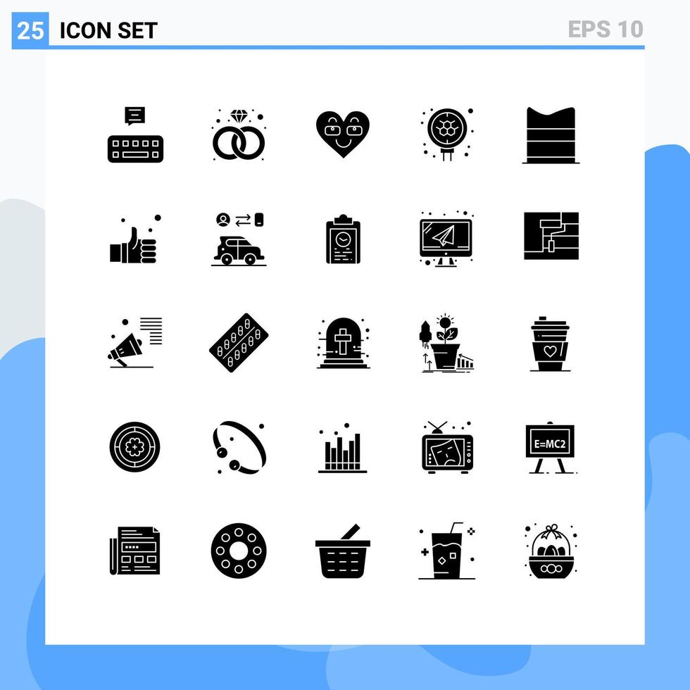 paquete de 25 signos y símbolos de glifos sólidos modernos para medios de impresión web, como elementos de diseño de vectores editables de moléculas de búsqueda de amor de ropa de moda