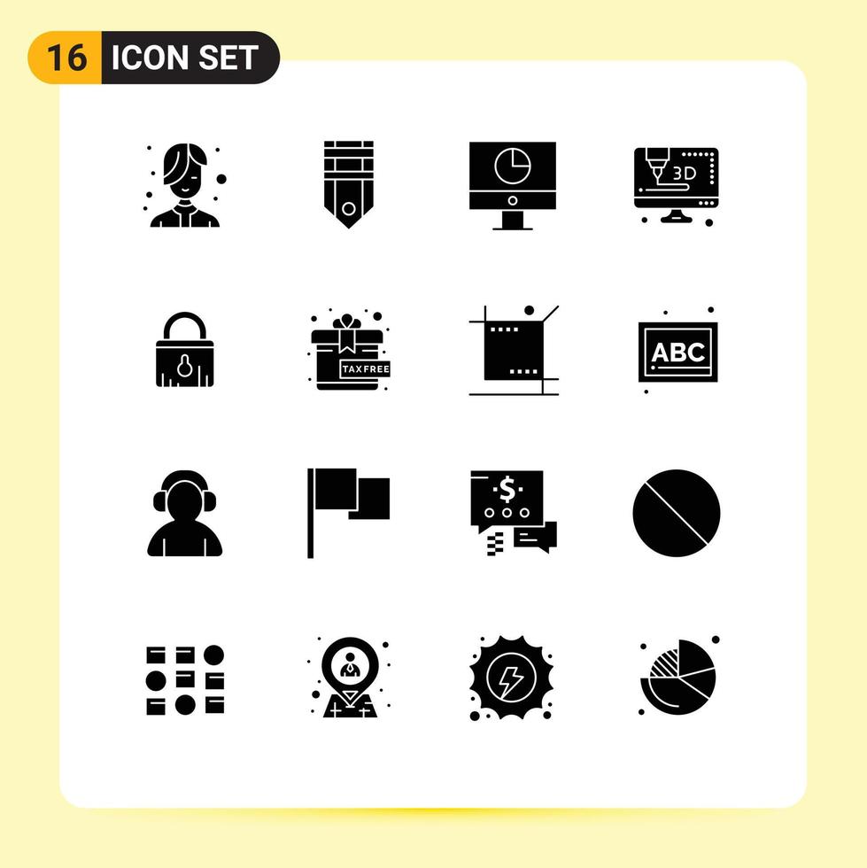 16 Solid Glyph concept for Websites Mobile and Apps security computer tag printer money Editable Vector Design Elements